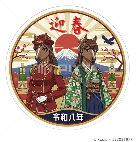 迎春 馬カップル 富士山と旭日/レトロモダン年賀状 迎春 馬カップル 富士山と旭日/レトロモダン年賀状 132037977