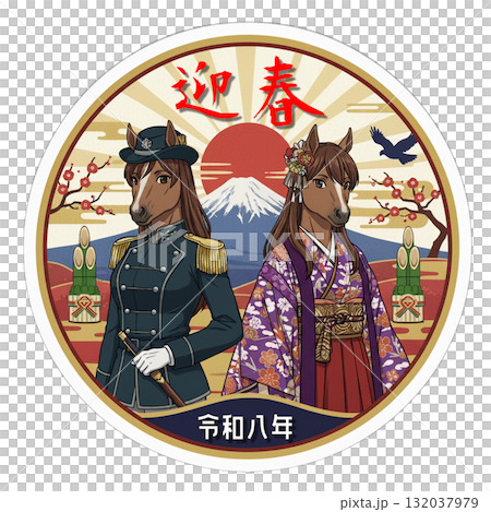 迎春 馬カップル 富士山と旭日／レトロモダン年賀状 132037979