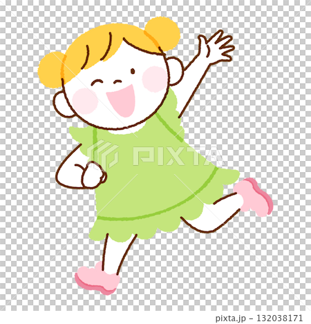 笑顔で手を上げて元気に走るかわいい女の子のイラスト 132038171