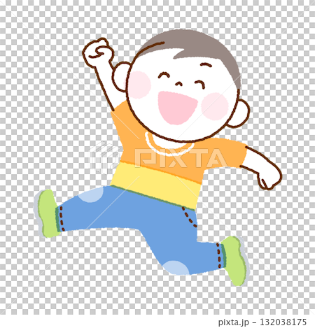 Illustration of a cheerful boy running with his hands raised and smiling 132038175