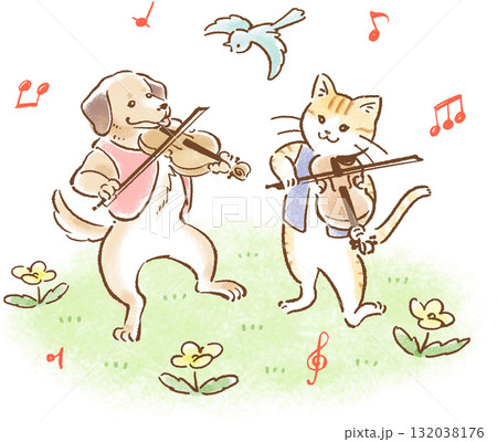水彩タッチで描いた犬と猫のバイオリン演奏のイラスト 132038176