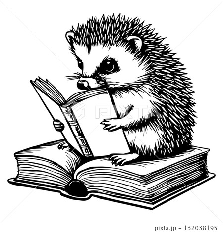 Adorable Student Hedgehog Reading a Book. Vector Illustration. 132038195