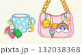 Cute illustration of a mug and handbag with colorful charms. Kawaii cartoon accessories and everyday objects for personalization Cute illustration of a mug and handbag with colorful charms. Kawaii cartoon accessories and everyday objects for personalization 132038368