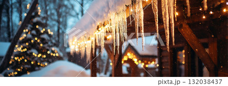 Twinkling lights hang from the eaves of a rustic cabin, creating a warm atmosphere against the snowy backdrop of a winter landscape, inviting a sense of coziness and cheer, banner 132038437