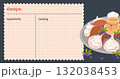 Charming recipe card featuring plate of Cute recipe card with delicious Arab pancakes and honey. Perfect for sharing dessert recipes. Ideal for food blog, cooking tutorial. Vector flat illustration. 132038453
