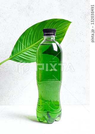Liquid Chlorophyll Drink. Bottle of Green Chrorophyll Water. 132038491