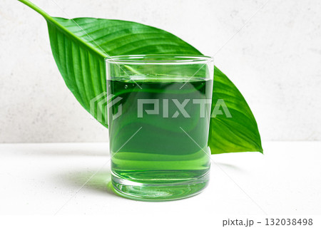 Liquid Chlorophyll Drink. Glass of Green Chrorophyll Water. Liquid Chlorophyll Drink. Glass of Green Chrorophyll Water. 132038498