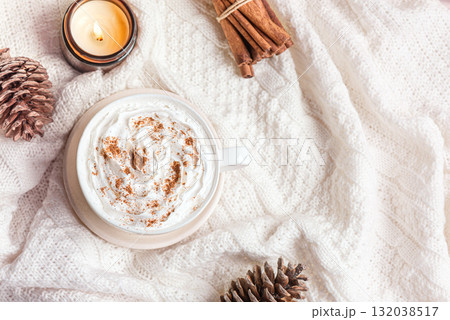 Seasonal winter or Christmas concept with coffee (Eggnog Latte) 132038517