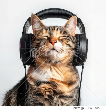 Relaxed cat with headphones enjoying music 132038536