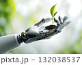 Robotic hand holding a small plant, technology and nature concept 132038537
