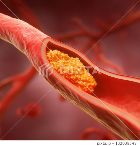 3D medical illustration of artery with cholesterol plaque 3D medical illustration of artery with cholesterol plaque 132038545