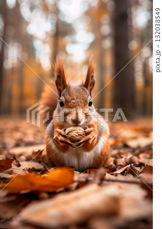 Cute squirrel holding a nut in autumn forest Cute squirrel holding a nut in autumn forest 132038549
