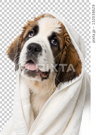 St bernard puppy dog bundled up in bath towel after being washed pet care and grooming concept 132038629