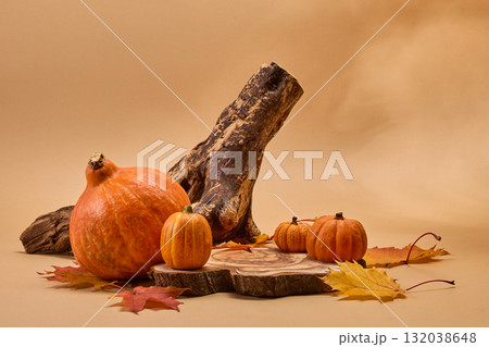 Autumn podium. A rustic autumn still life with pumpkins, Autumn podium. A rustic autumn still life with pumpkins, 132038648