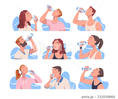 People Drinking Water Hydrate and Quench Thirst Vector Set 132038660
