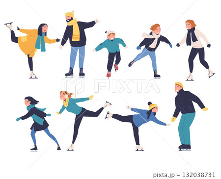 People Character at Skating Ice Rink Enjoy Winter Vector Set 132038731