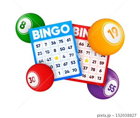 Lottery tickets. Lotto bingo cards with numbers, keno gambling. Colorful betting sheets with lucky numbers. Gaming industry and casino advertising. Vector Illustration. Lottery tickets. Lotto bingo cards with numbers, keno gambling. Colorful betting sheets with lucky numbers. Gaming industry and casino advertising. Vector Illustration. 132038827