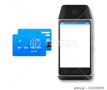 Realistic POS terminal with bank card. NFC technology contactless payment with credit card. Vector illustration. Realistic POS terminal with bank card. NFC technology contactless payment with credit card. Vector illustration. 132038834