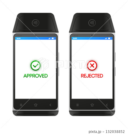 Realistic POS terminal. NFC technology contactless payment with credit card. Approved or Rejected payment transaction. Vector illustration. Realistic POS terminal. NFC technology contactless payment with credit card. Approved or Rejected payment transaction. Vector illustration. 132038852
