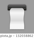 White curled paper check going out from ATM slit. Pay in bankomat. Realistic template design. Vector illustration. 132038862