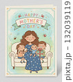 Illustrated Mother's Day card features a smiling mother sitting on a white couch with three children 132039119