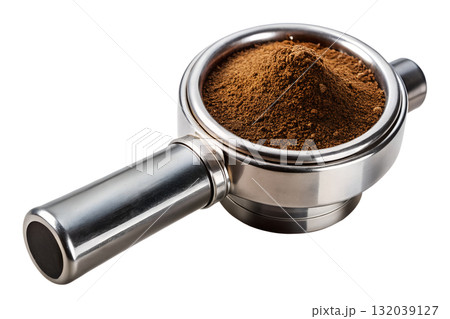 Espresso portafilter filled with freshly ground coffee, ready for tamping, coffee preparation isolated on transparent background Espresso portafilter filled with freshly ground coffee, ready for tamping, coffee preparation isolated on transparent background 132039127