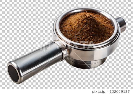Espresso portafilter filled with freshly ground coffee, ready for tamping, coffee preparation isolated on transparent background 132039127
