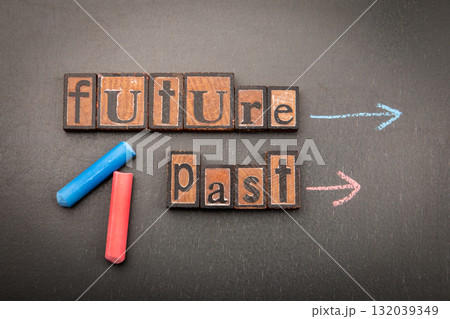 Concept of time with wooden letter blocks forming words Future and Past on blackboard, with arrows Concept of time with wooden letter blocks forming words Future and Past on blackboard, with arrows 132039349