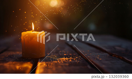 Glowing candle in a dark background with autumn details. Remembrance Day concept Glowing candle in a dark background with autumn details. Remembrance Day concept 132039360