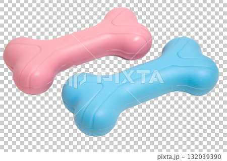 Pink and blue rubber bone-shaped dog chew toys, pet supply product shot isolated on transparent background 132039390