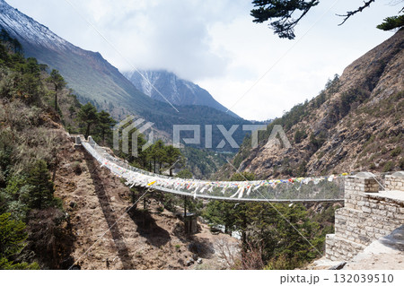 Imja river suspension bridge view along EBC trek, Nepal 132039510