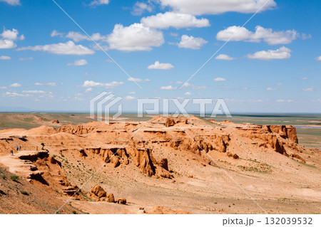 Flaming Cliffs rocks landscape, Mongolia. Gobi desert Flaming Cliffs rocks landscape, Mongolia. Gobi desert 132039532