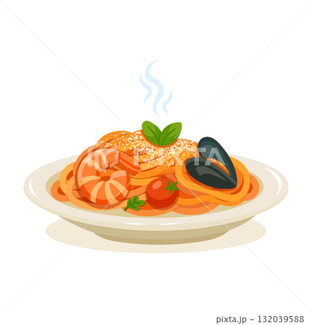 Italian seafood pasta illustration with shrimp, mussels, tomato, sauce, and herbs 132039588