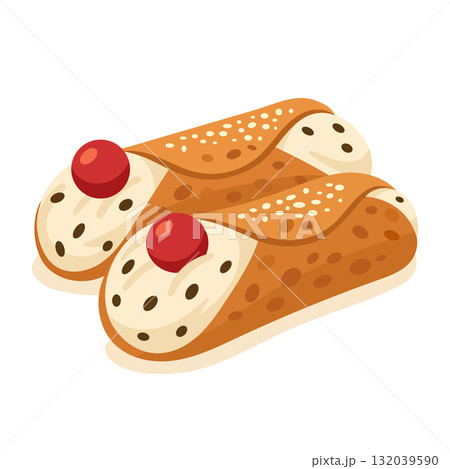 Delicious cannoli illustration with cream filling, chocolate chips, and cherries on each end 132039590