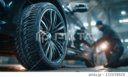 Mechanic changing winter tire on modern car in auto repair workshop 132039929
