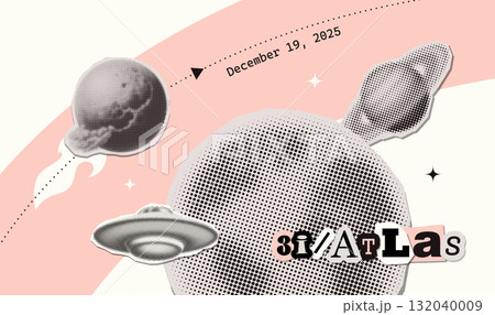 Vintage halftone textured 3i-atlas banner with a retro round grain effect. Dotted offset torn out paper stikers. Y2k vintage cover for design asteroid, meteor, galactic, planet, asteroid, galaxy 132040009