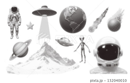 Trendy vintage grunge texture cosmo universe elements set with astronaut, asteroid, Saturn, ufo, alien, planet earth. Dotted stipplism photocopy texture. Y2k vintage Isolated vector 132040010
