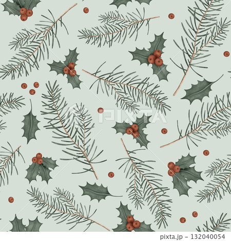 Watercolor seamless pattern of branches with Christmas red berries of ilex and fir tree branches. Hand drawing illustration on isolated background. Repeat pattern of Winter New Year pine branches. 132040054