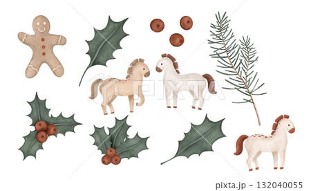 Christmas clip art with symbol 2026 - horse. Illustration of vintage gingerbread man and branch of pine or fir tree for New Year greeting cards for Xmas invitations. Drawing of holly with red berries. Christmas clip art with symbol 2026 - horse. Illustration of vintage gingerbread man and branch of pine or fir tree for New Year greeting cards for Xmas invitations. Drawing of holly with red berries. 132040055