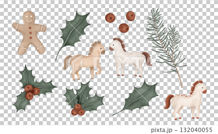 Christmas clip art with symbol 2026 - horse. Illustration of vintage gingerbread man and branch of pine or fir tree for New Year greeting cards for Xmas invitations. Drawing of holly with red berries. Christmas clip art with symbol 2026 - horse. Illustration of vintage gingerbread man and branch of pine or fir tree for New Year greeting cards for Xmas invitations. Drawing of holly with red berries. 132040055