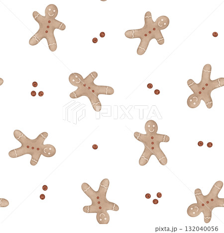 Watercolor hand-drawn seamless pattern with Christmas illustration gingerbread man and red berry holly. New year repeat print for design textile or wrapping paper with cookies. Watercolor hand-drawn seamless pattern with Christmas illustration gingerbread man and red berry holly. New year repeat print for design textile or wrapping paper with cookies. 132040056
