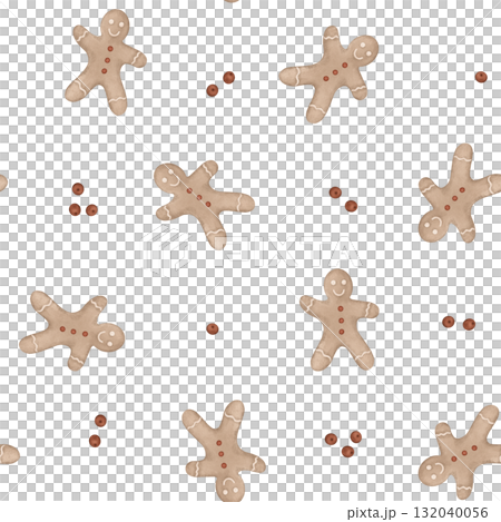 Watercolor hand-drawn seamless pattern with Christmas illustration gingerbread man and red berry holly. New year repeat print for design textile or wrapping paper with cookies. Watercolor hand-drawn seamless pattern with Christmas illustration gingerbread man and red berry holly. New year repeat print for design textile or wrapping paper with cookies. 132040056