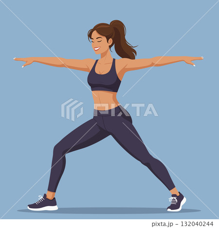 Young woman warrior pose yoga meditation practice Young woman warrior pose yoga meditation practice 132040244