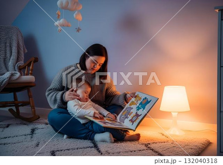 Woman with Down syndrome reading picture book to sleeping baby on cozy bedroom floor with warm lamp soft carpet and gentle nursery lighting at bedtime Woman with Down syndrome reading picture book to sleeping baby on cozy bedroom floor with warm lamp soft carpet and gentle nursery lighting at bedtime 132040318