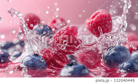 Blueberries and raspberries hitting water and creating big splashes, refreshing summer drink concept Blueberries and raspberries hitting water and creating big splashes, refreshing summer drink concept 132040449