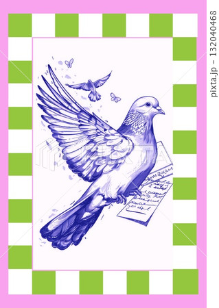 Vintage bird vintage poster with pastel checkered frame, retro hand drawn style for decor prints, cards, and art collectors. 132040468