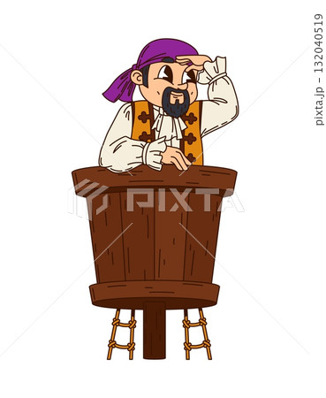 Caribbean pirate or corsair cartoon groovy character watching on ship mast, vector personage. Caribbean pirate sailor or corsair sailor and seaman looking at sea from lookout platform on ship mast 132040519