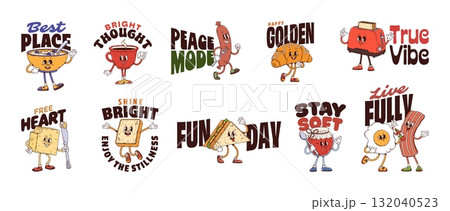 Breakfast food y2k groovy stickers. Cartoon vector cereal, coffee, sausage, croissant and toaster, butter, sandwich, jam, egg or bacon characters with motivational slogans bring fun and positive vibes 132040523