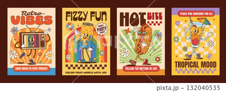 Retro groovy hippie characters vintage posters. Vintage television, soda can, hot dog snack, cocktail glass with umbrella funky cartoon characters and motivational texts with vintage 60s and 70s vibes 132040535