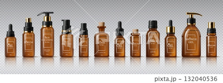 Realistic amber glass cosmetic bottles mockups, pump lid or dropper caps of cosmetic cream, serum and lotion, oil and shower gel. 3d vector containers with labels for skincare and beauty products 132040536